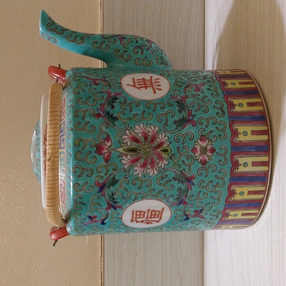 Vintage 1960's Porcelain Chinese Mun Shou Longevity Teal Blue Tea Pot - Picture 3 of 7